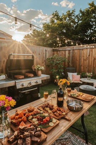 Gathering at a Backyard Barbecue With Food and Drinks During Sunset in a Home...