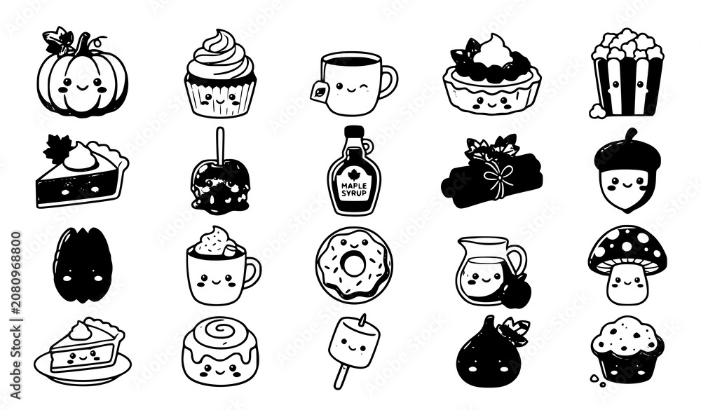Fototapeta premium Cute Autumn Food Characters Vector Collection with Pumpkin Tea and Muffin