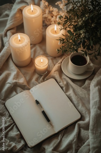 Cozy Setting With Candles, Coffee, and an Open Notebook on a Soft Surface