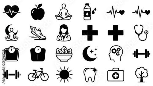 Collection of black and white representing health and wellness concepts  health