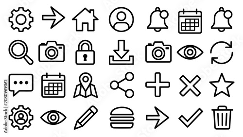 User interface and navigation gear, arrow, house, user, bell, calendar, magnifying glass, camera
