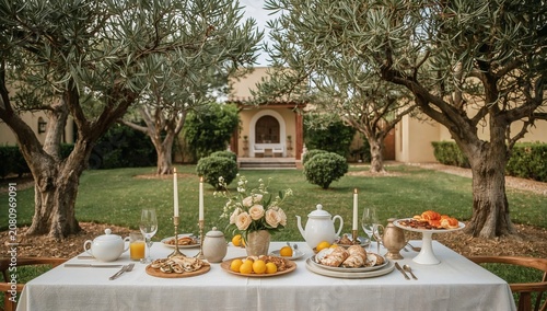 Outdoor Dining Setup With Food and Drinks in a Garden Surrounded by Olive Tre...