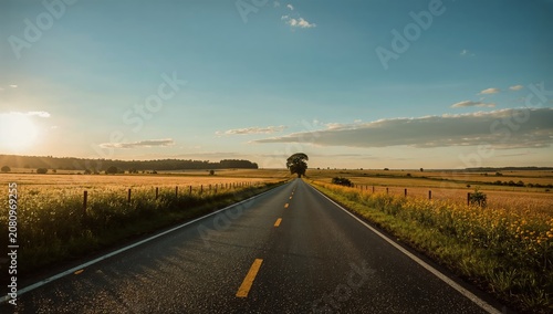 Wide Road Stretches Toward Horizon Amid Fields Under a Blue Sky With Clouds D...