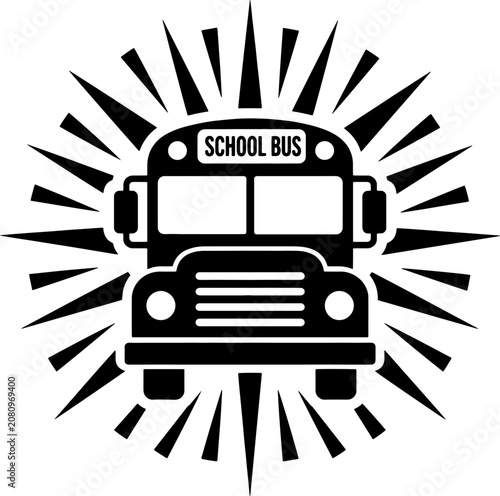 Front view of school bus icon with radiating sunburst light rays in graphic style