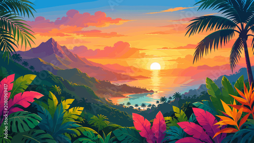 Colorful tropical sunset landscape with layered leaves and mountains, sunset, tropical, landscape, leaves, mountains, orange, pink