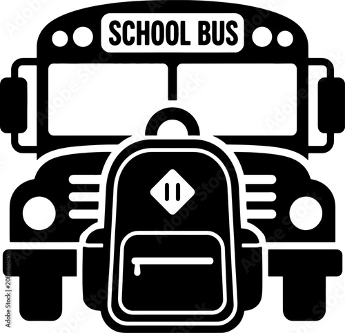 School bus front view with backpack centered in silhouette