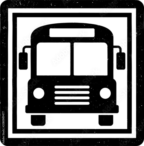 Black bus silhouette icon within square frame on checkered background