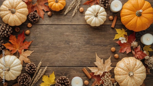 Fall Decorations With Pumpkins, Leaves, Candles, and Pine Cones on a Wooden T...