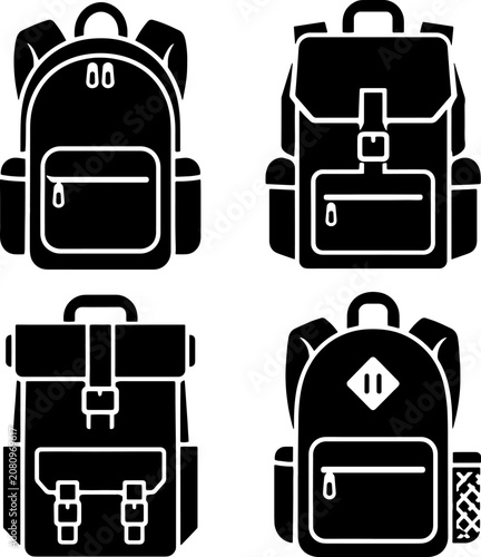 Set of four different backpack silhouette icons for school and travel designs