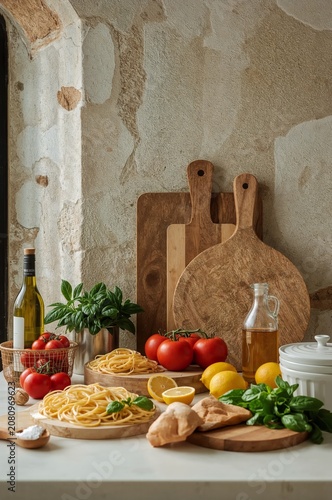 Cooking Ingredients Are Placed on a Table Near a Window in a Rustic Kitchen S...