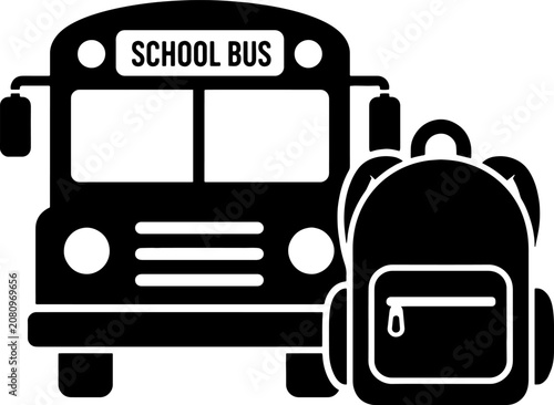 School bus silhouette and student backpack flat icon set for education theme