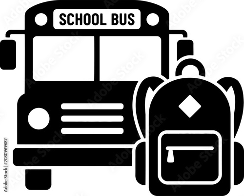 School bus and backpack side by side, both in black silhouette, transparent background