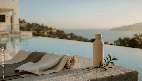 Relaxation Area Near Pool With Towels and Water Bottle in Coastal Setting