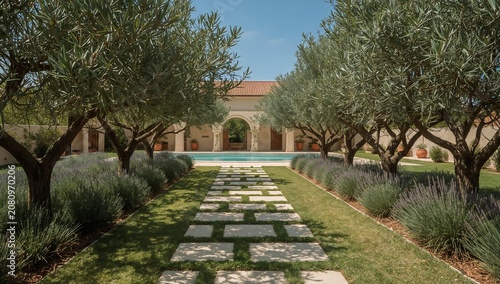 Olive Trees Line a Path Leading to a Pool Area in a Sunny Garden During the A...