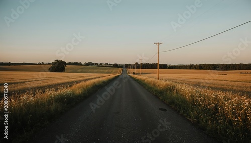 Road Stretches Through Fields in the Countryside at Sunset Near a Small Town