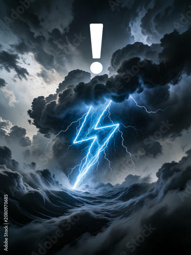 A storm symbol with an exclamation point above threatening clouds