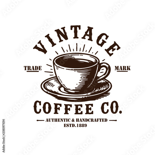 Vintage coffee cup saucer logo vector black line art icon