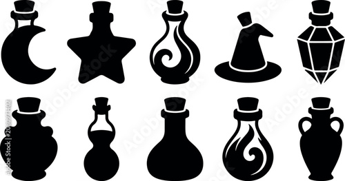 Magic potion bottles and wizard flask silhouettes set. Witchcraft alchemy containers including crescent moon, star, crystal, and witch hat shaped glass bottles for spooky design elements.