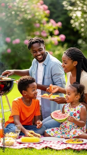 Happy black family enjoying a summer picnic and backyard barbecue, parents serving children watermelon and hot dogs in a sunny garden