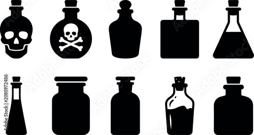 bundle of Apothecary jars and skull poison bottles silhouettes set. Dark magic alchemy flasks, chemical laboratory beakers, and vintage medicine containers for spooky Halloween layouts.