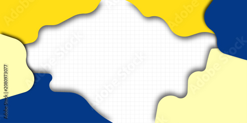 Modern abstract background featuring colorful wavy shapes in blue and yellow framing a simple white grid design