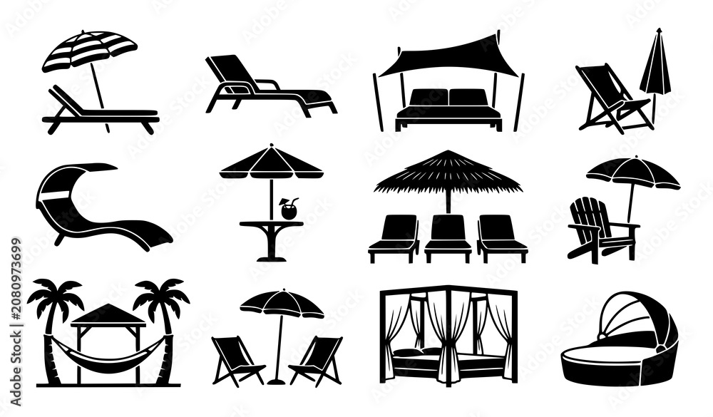 Fototapeta premium Beach Sun Lounger and Umbrella Black White Icons Vector Set
