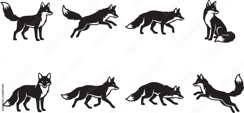 Obraz premium Black fox icons, vector fox silhouettes, 8 fox graphics, wildlife illustrations, animal designs isolated on Transparent Background
