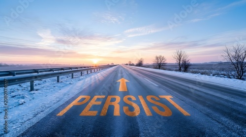 The word persist is written in bold yellow letters on a long asphalt road leading towards a bright sunrise on a cold winter morning horizon line