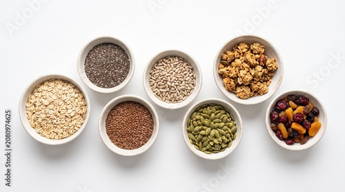 Healthy breakfast grains and seeds isolated on white background for nutrition, wellness and grocery concepts.