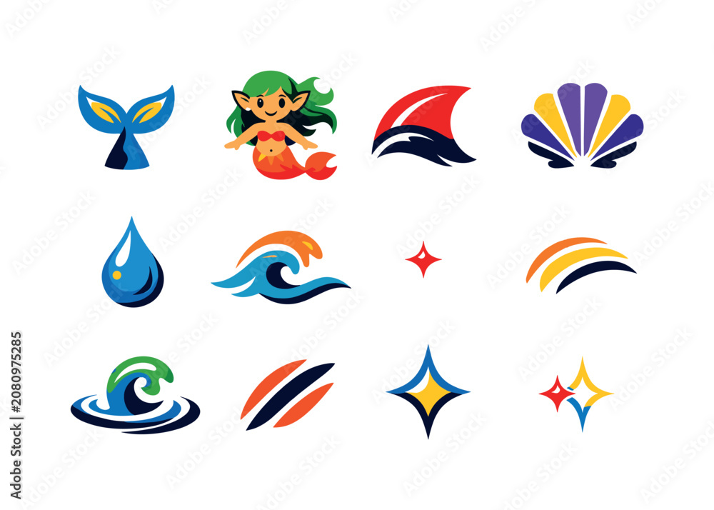 Fototapeta premium Collection of stylized marine and abstract graphic icons for branding
