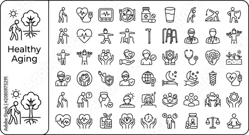 Bild auf Leinwand Healthy Aging Editable Medical Wellness Outline Icons Collection for Senior Care