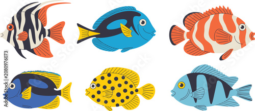 Cuadro en lienzo Hand drawn exotic tropical fish vector set, colorful textured marine animals ill