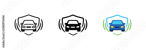 Car security and protection icon with shield and signal waves