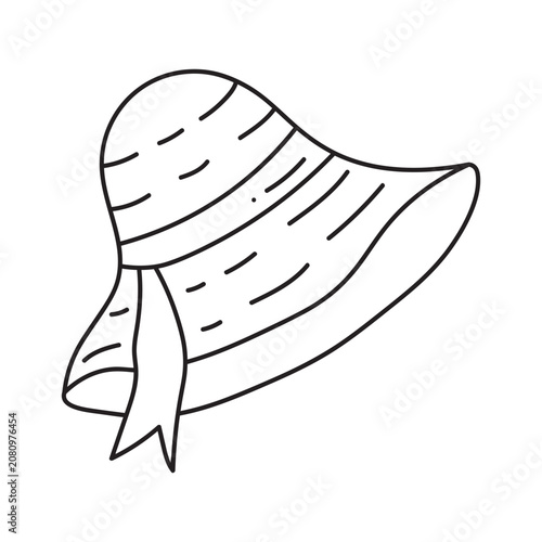 Beach hat black doodle contour isolated on white background Vector Illustration