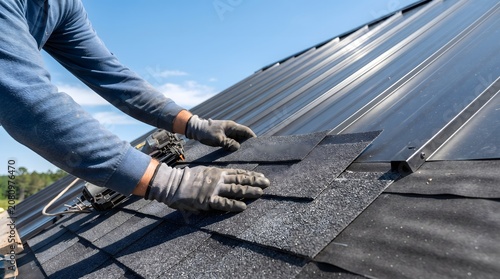 Foto A roofing worker wearing gloves carefully positions a metal roof panel edge over black underlayment on a steeply pitched roof, framed by clear blue sky