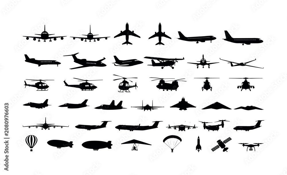 Fototapeta premium Aircraft silhouette icon set with airplanes and flying vehicles, aircraft, airplane, flight, aviation, silhouettes, black, white,