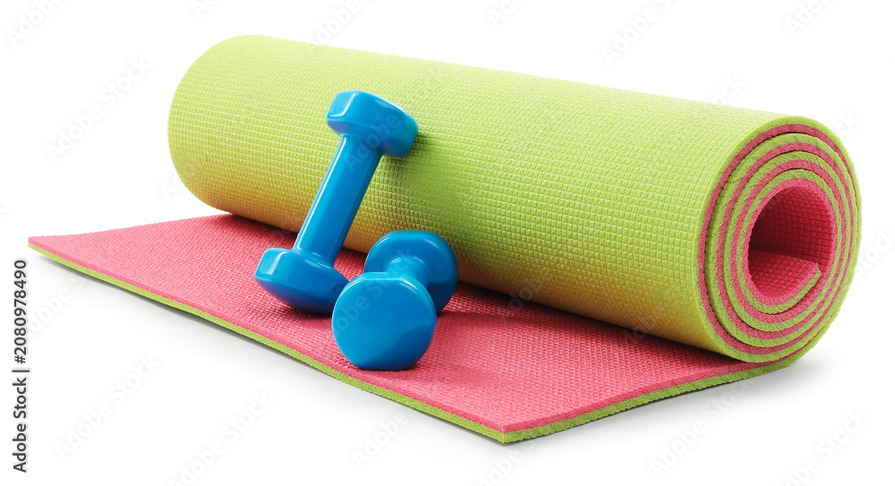 Fototapeta premium Bright dumbbells and fitness mat isolated on white