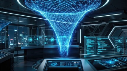 Blue energy funnel mesh with radiant glowing light, modern technology and digital science innovation, futuristic design backdrop,