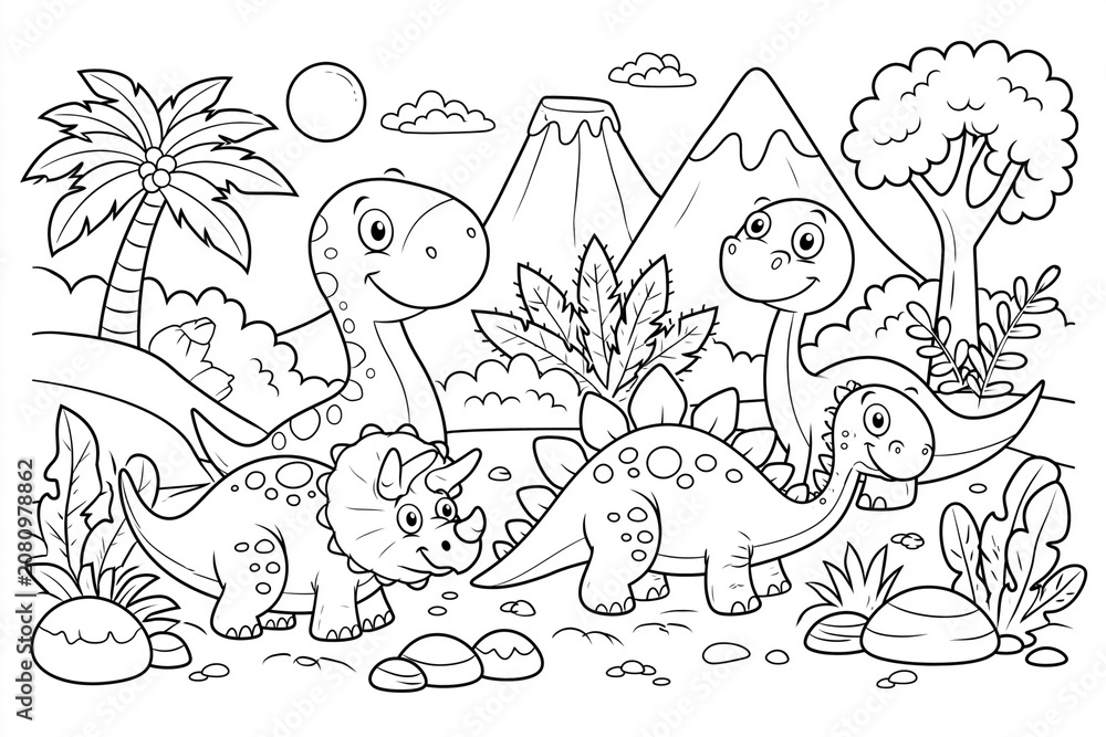 Fototapeta premium Cute dinosaurs gather under a sunny sky. Towering volcano looms behind lush palm trees. Friendly creatures share a playful, jungle-like landscape. Sturdy triceratops, long-necked sauropods