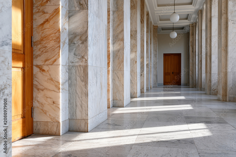 Obraz premium Grand hall with marble columns and polished floors. Sunlight streams through tall windows, casting soft shadows. Long corridor leads to a wooden door at the far end