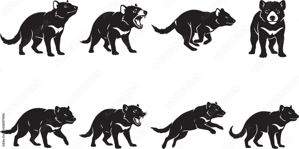 Obraz premium Black dog icons, dog silhouettes, canine illustrations, animal graphics, vector pack isolated on Transparent Background
