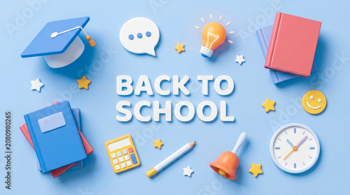 Back to school concept with educational supplies and text on light blue background.