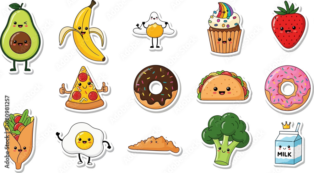Fototapeta premium Collection of kawaii style food stickers with stickers