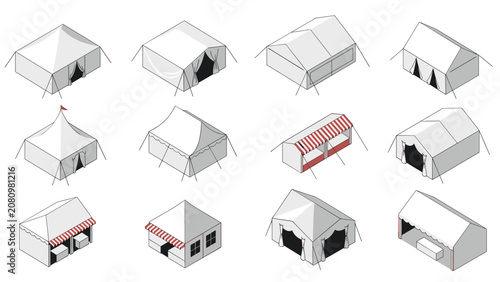 Large collection of white event tents and marquees shown from an isometric perspective for fairs, weddings, festivals, and outdoor markets.