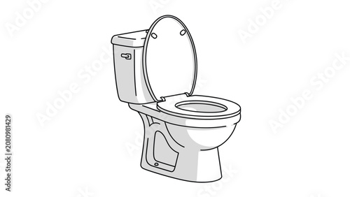 Simple black and white drawing of a ceramic toilet with the lid open is isolated on a clean white background for design.