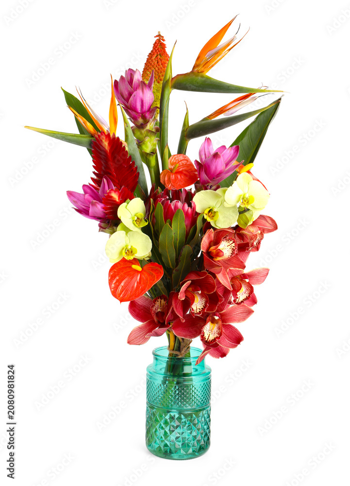 Fototapeta premium Beautiful bouquet of tropical flowers in vase isolated on white
