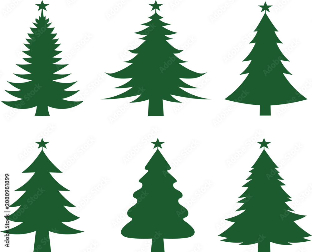Fototapeta premium Set of six different green christmas tree silhouettes with stars on top, vector illustration for holiday design elements