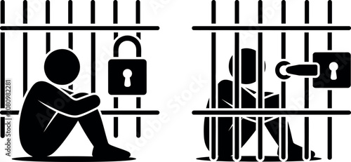 Quadro su tela Two people trapped behind prison bars with locks  feeling sad