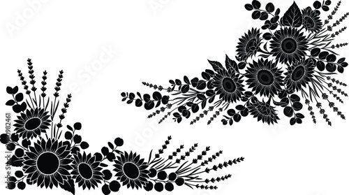 Black sunflower lavender and eucalyptus floral arrangement silhouette