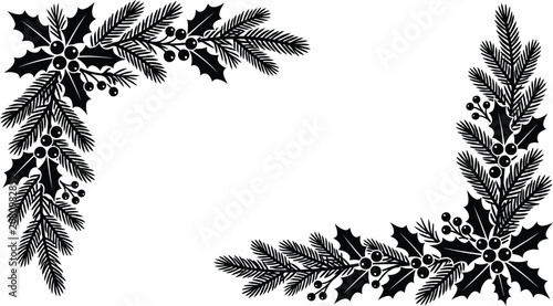 Holly and pine branches forming a decorative frame silhouette